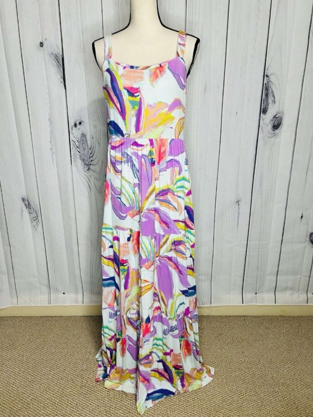 Soma WKND Soft Knit Maxi Dress Sz L Smocked Back Pastel Floral